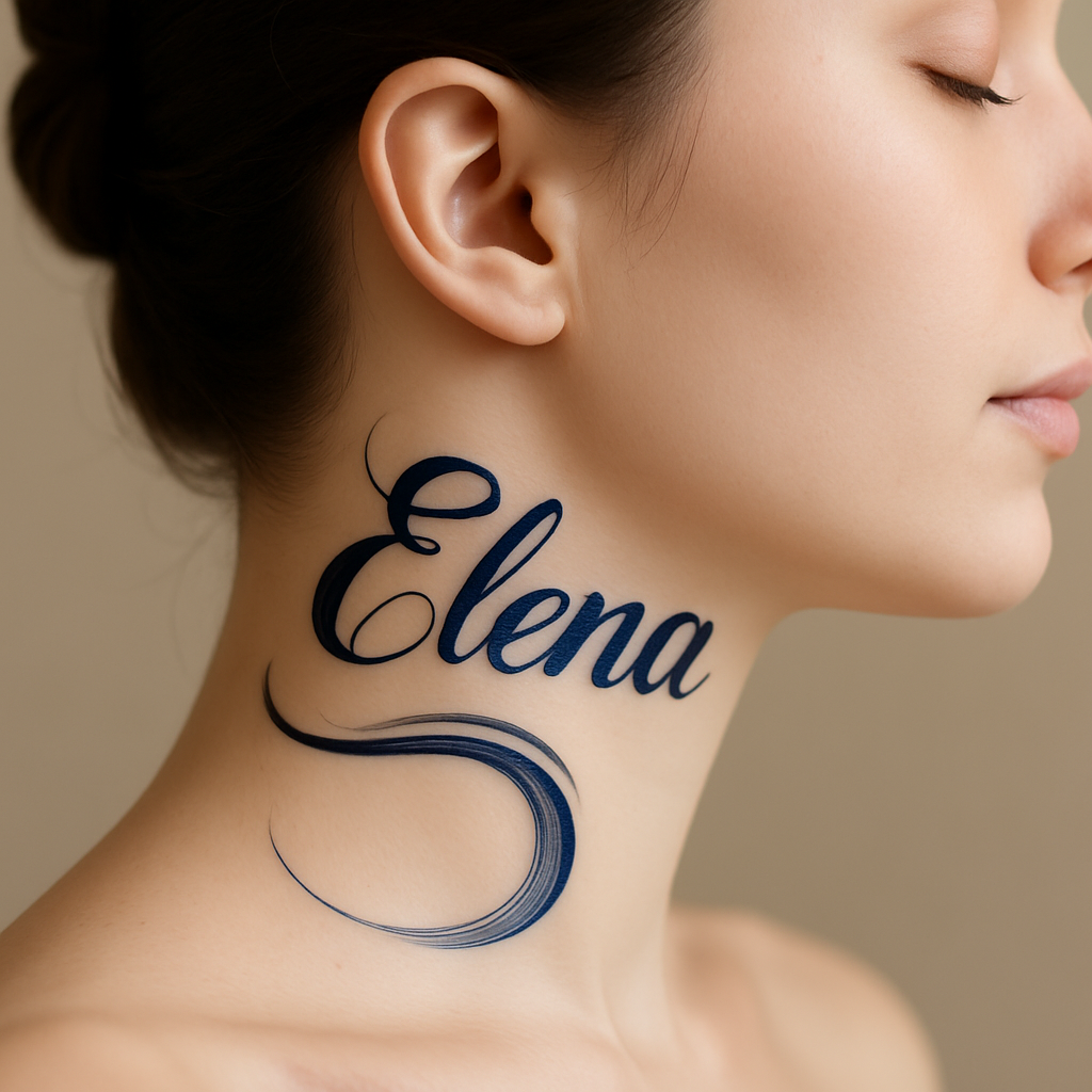 Charming Cursive Name Tattoo Across The Neck Charming Cursive Name Tattoo Across The Neck