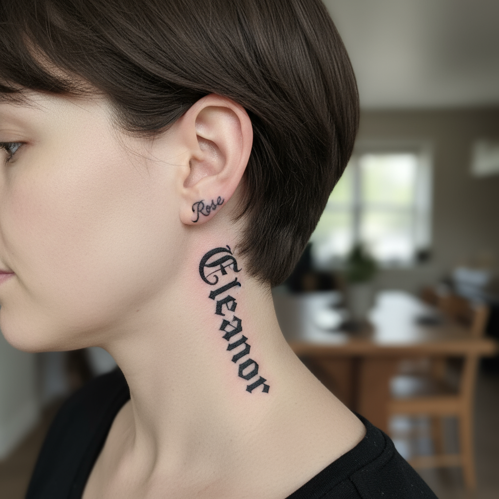 Classic Name Tattoo On The Neck and Behind The Ear Classic Name Tattoo On The Neck and Behind The Ear