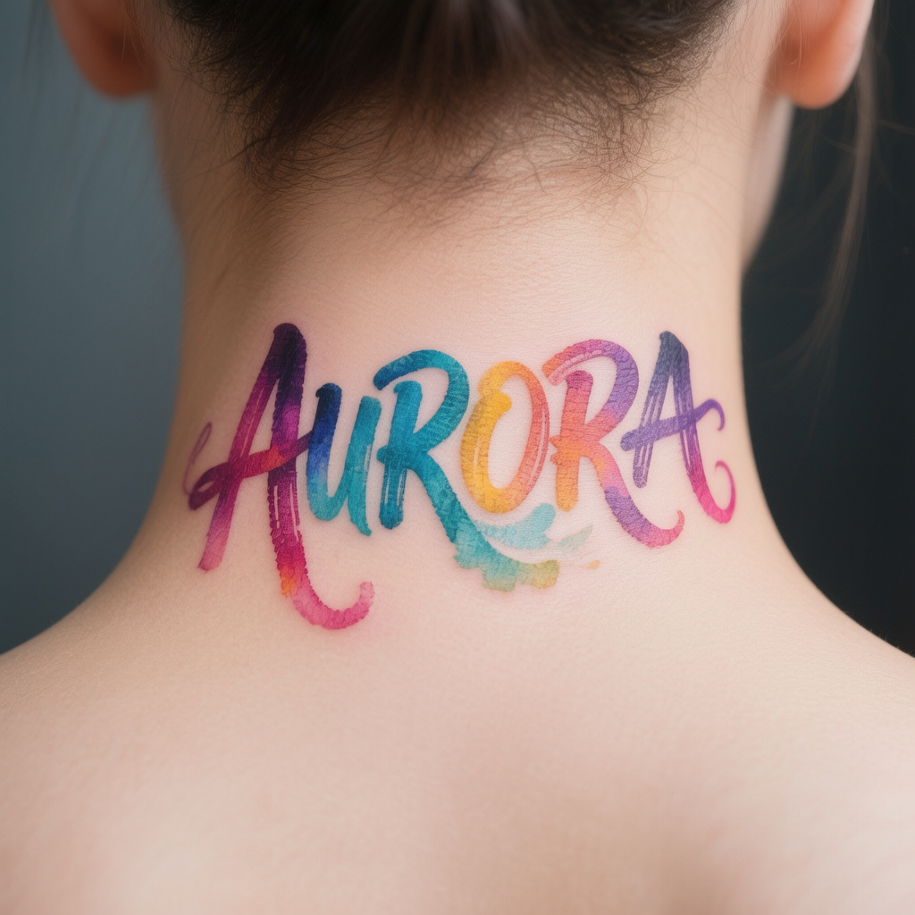 Colorful Name Neck Tattoo Colorful Name Neck Tattoo