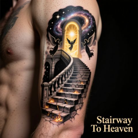Detailed Stairway To Heaven Tattoo On Arm