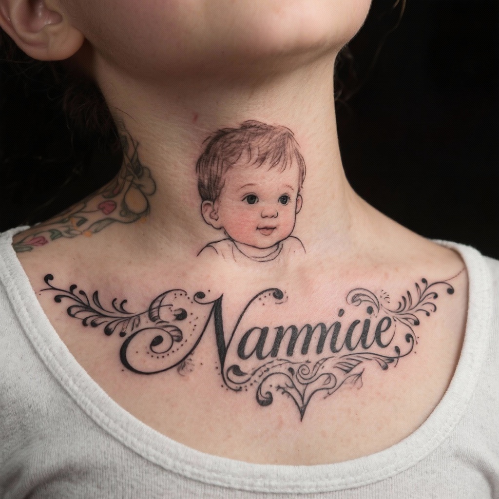 Elaborate Child’s Name Neck Tattoo Elaborate Child’s Name Neck Tattoo
