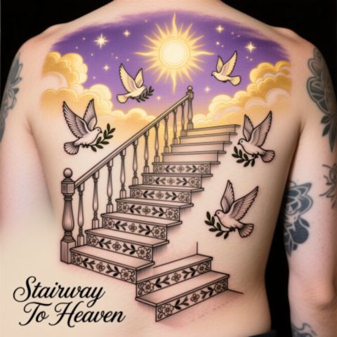 Elegant Stairway To Heaven Tattoo With Doves