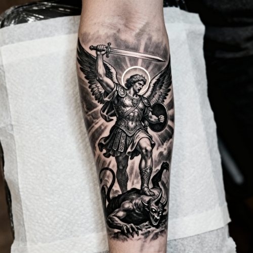 Fierce Saint Michael Forearm Tattoo Fierce Saint Michael Forearm Tattoo
