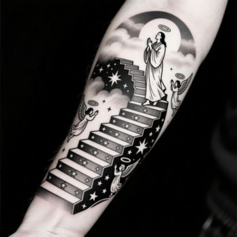 Monochromatic Stairway To Heaven Tattoo On Forearm