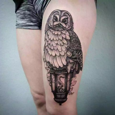 Owl Thigh Tattoo