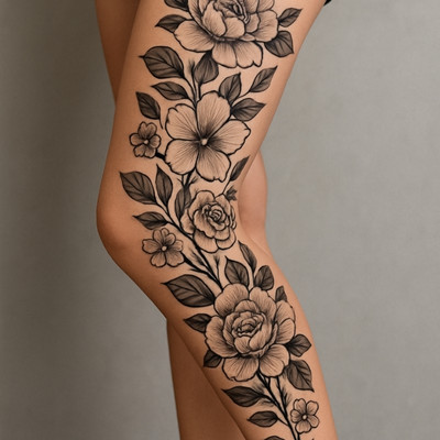 Powerful Floral Leg Tattoo Powerful Floral Leg Tattoo