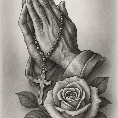 Praying Hands with Cross Rosary and Rose Praying Hands with Cross Rosary and Rose
