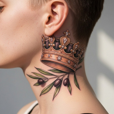 Regal Crown Tattoo with Olive Branch Behind the Ear