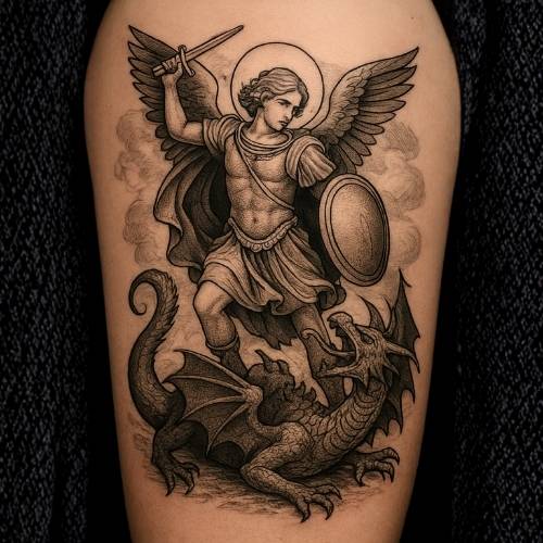 Religious St. Michael the Archangel Battling Lucifer Dragon Tattoo Religious St. Michael the Archangel Battling Lucifer Dragon Tattoo