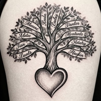 Tree with Names Connected to Heart Tree with Names Connected to Heart