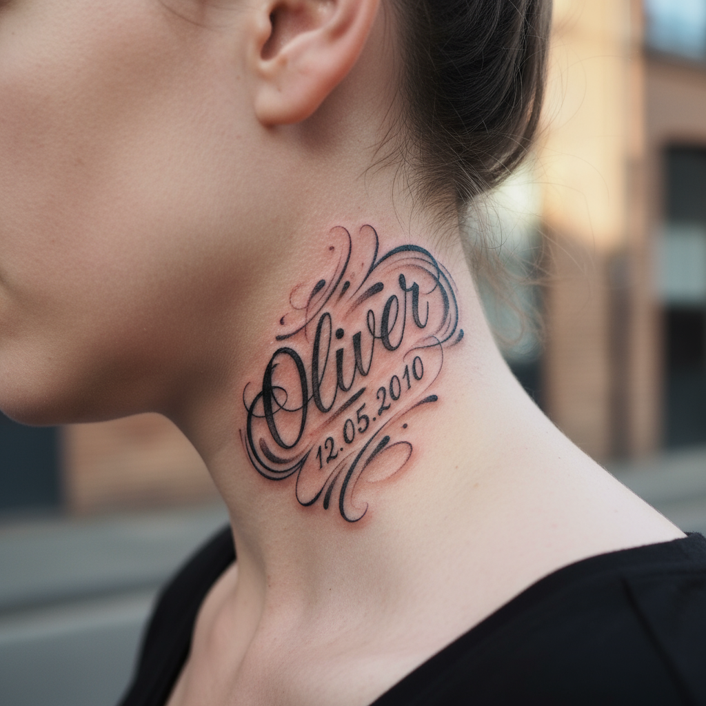Cool Side Neck Tattoo with Name and Date Cool Side Neck Tattoo with Name and Date